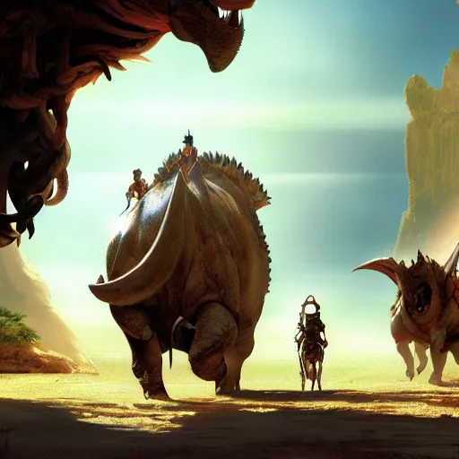 Prompt: the expedition with explores, warriors and adventurers, being brought by gigantic triceratops, the desert of duhnes medium shot, studio ghibli animation, anime key art by craig mullins, bloom, dramatic lighting
