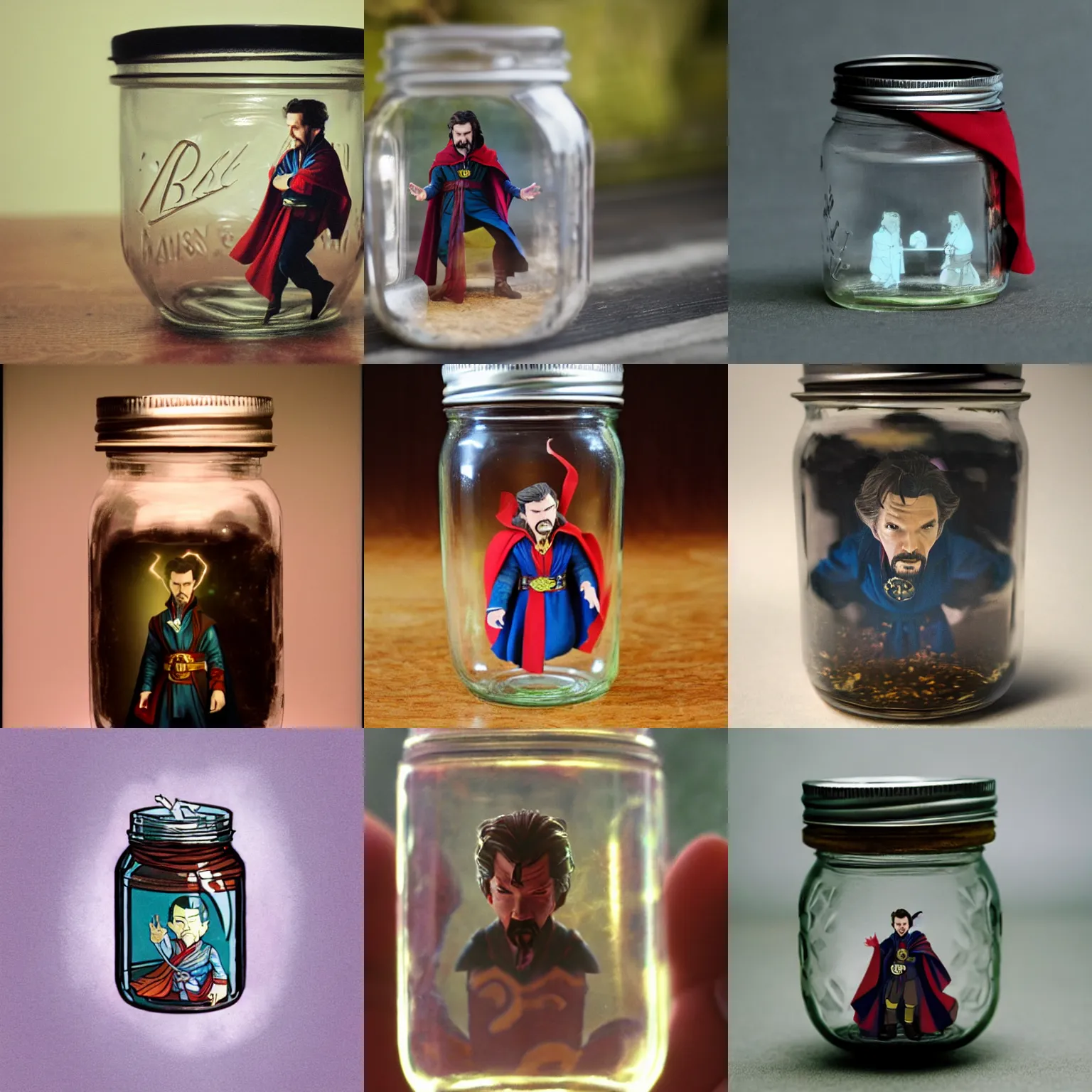 Prompt: A tiny shrunken Doctor Strange contained in a glass mason jar, film still