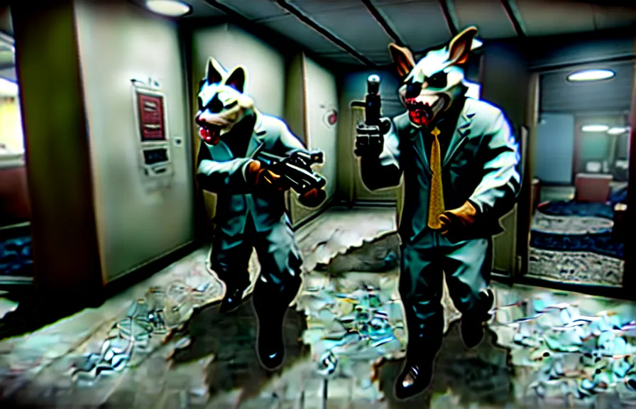 Image similar to Screenshot from the PC game Payday 2 demonstrating the fursuit unlock