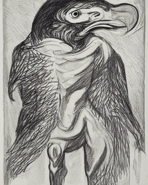 Image similar to a creature with the body and eyes of a man, with the beak of an eagle and the horns of an ox. drawn by francis bacon