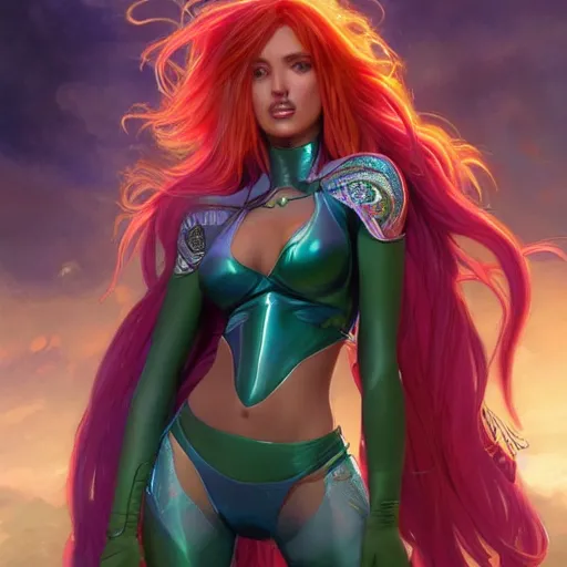 Image similar to ultra realistic illustration, bella thorne as starfire anime, intricate, elegant, highly detailed, digital painting, artstation, concept art, smooth, sharp focus, illustration, art by artgerm and greg rutkowski and alphonse mucha and wlop