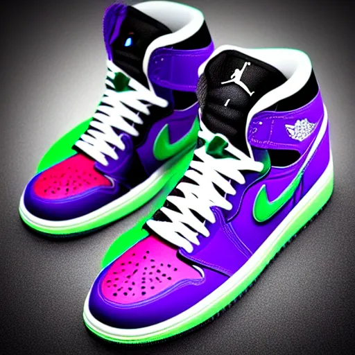 Prompt: “air Jordan 1, green and purple, 4K, ultra realistic render”