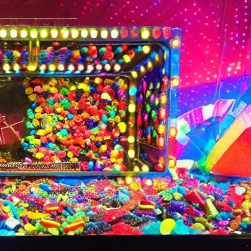 Image similar to led Zeppelin on a stage made of candy, 8k photographic realness, amazing fineline detail