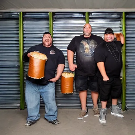 Prompt: promotional photo from the show storage hunters, a storage locker full of hamburgers, bidding war, cinematic,