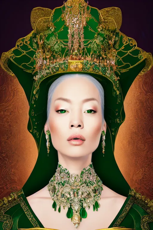 Image similar to a beautiful empress portrait, with a brilliant, impossible striking shiny big emerald headpiece, white and emerald robes, dramatic studio lighting, rococo, baroque, jewels, asian, hyperrealistic, closeup, D&D, fantasy, intricate, elegant, highly detailed, digital painting, artstation, octane render, 8k, concept art, matte, sharp focus, illustration, art by Artgerm and Greg Rutkowski and Alphonse Mucha