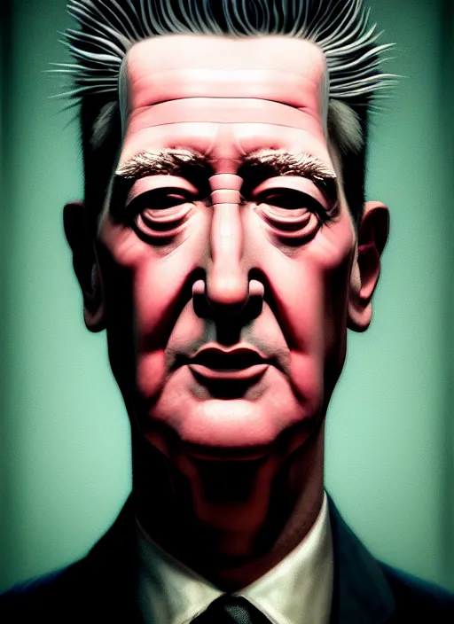 Image similar to hyper detailed 3 d render like an oil painting - portrait of david lynch, houdini algorithmic generative render, abstract brush strokes, masterpiece, edward hopper and james gilleard, zdzislaw beksinski, mark ryden, wolfgang lettl, hints of yayoi kasuma, octane render, 8 k