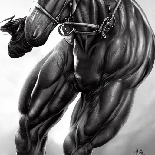 Prompt: a musclebound anthropomorphized horse with a magnificently muscular physique wearing a tight leather battle outfit while protecting a facility, equine, anthro art, furaffinity, highly detailed, digital painting, artstation, sharp focus, game art, concept art, illustration, art by artgerm, greg rutkowski, wlop