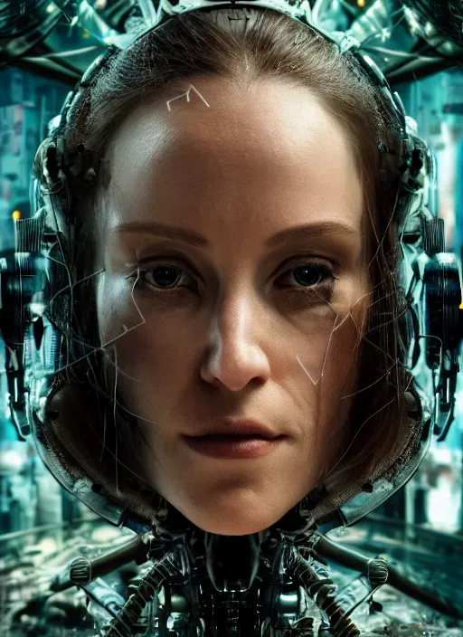 Image similar to 35mm portrait of a sophisticated intricate terminator woman's head on the background of a weird magical mechanical forest. Round gears visible inside her hear. Very detailed 8k. Fantasy cyberpunk horror. Sharp. Cinematic post-processing