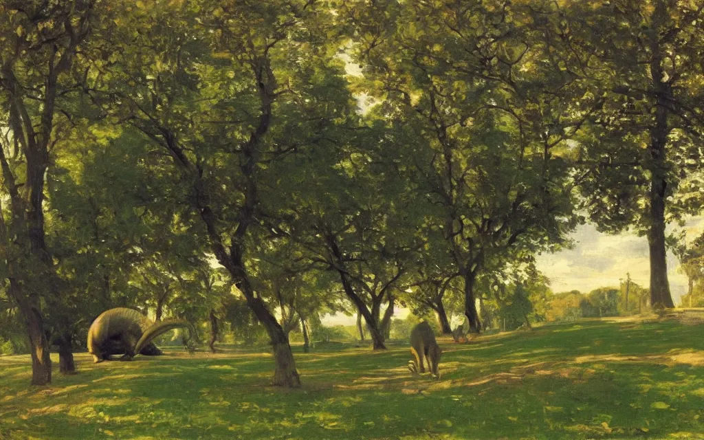 Image similar to a painting of a dinosaur in a park, oil on canvas, by peder kroyer