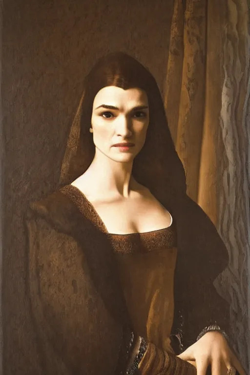 Image similar to portrait en buste of rachel weisz rachel weisz by johannes vermeer, baroque, dark moody colors, intricate, highly detailed, perfect eyes,