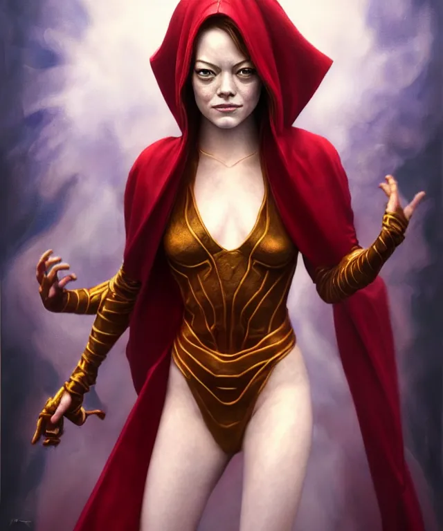 Image similar to hyperrealistic mixed media painting of Emma Stone as a beautiful young female mage, stunning 3d render inspired art by P. Craig Russell and Barry Windsor-Smith + perfect facial symmetry + dim volumetric lighting, dark red hair, pale skin, crimson robes, dizzy, full body, confident heroic pose, arms crossed, d&d, 8k octane beautifully detailed render, post-processing, extremely hyperdetailed, intricate, epic composition, grim yet sparkling atmosphere, cinematic lighting + masterpiece, trending on artstation, very very detailed, masterpiece, stunning