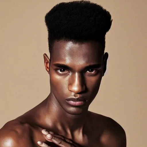 Prompt: a muted colors natural make-up portrait Photograph of a male black model, editorial story, Vogue France, editorial photographer by Peter Gehrke