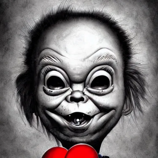 Prompt: surrealism grunge cartoon portrait sketch of chucky with a wide smile and a red balloon by - michael karcz, loony toons style, comic book style, horror theme, detailed, elegant, intricate