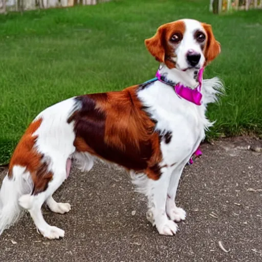 Prompt: an 8 year-old dog with white and brown fur that is a mix between an American Brittany and a Red-and-White English Setter