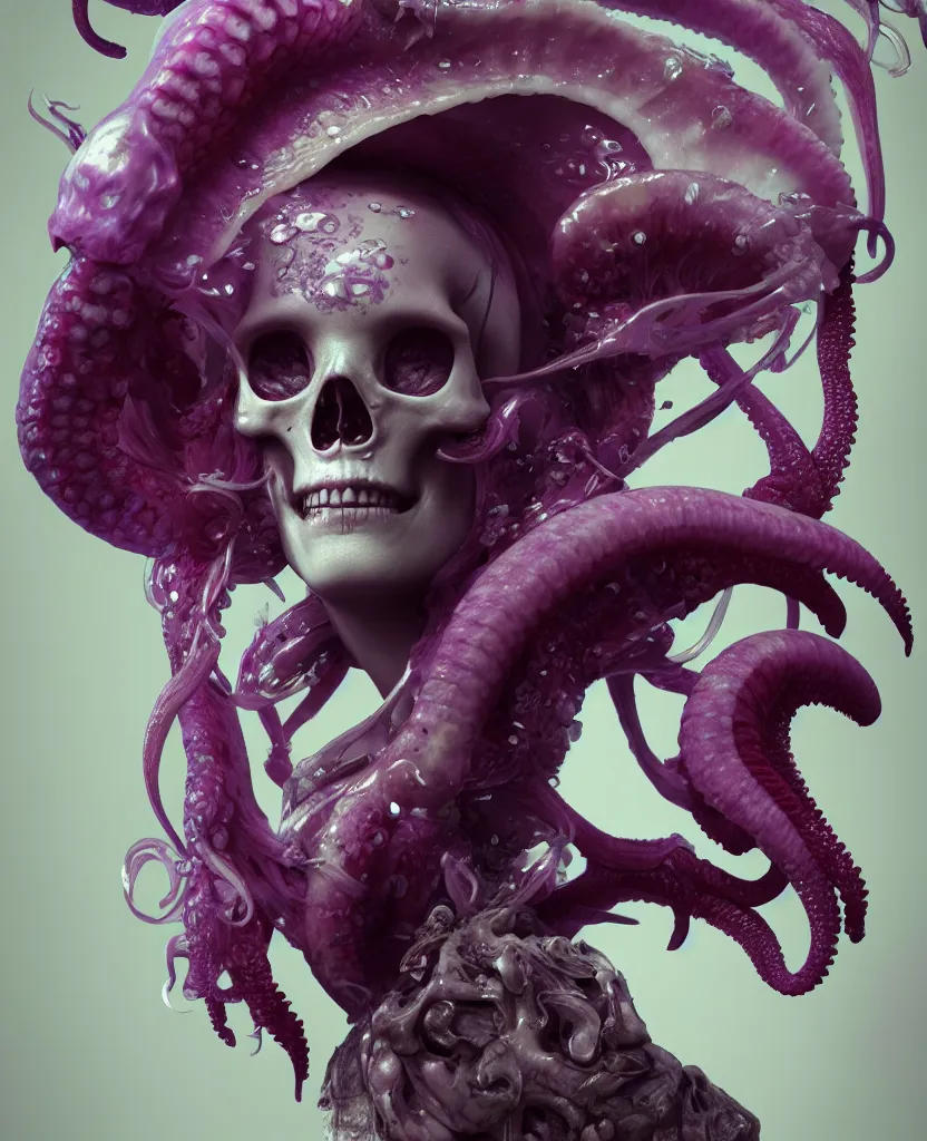 Image similar to goddess close - up portrait human skull, ram skull, squid phoenix jellyfish, orchid, betta fish, bioluminiscent, intricate artwork by tooth wu and wlop and beeple. octane render, trending on artstation, greg rutkowski very coherent symmetrical artwork. cinematic, hyper realism, high detail, octane render, 8 k