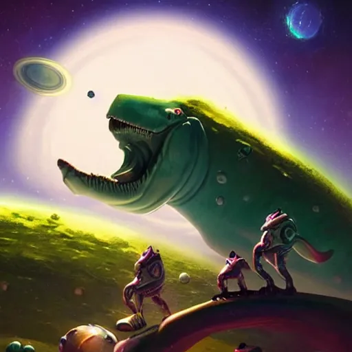 Image similar to Astronauts and green aliens are riding some dinosaurs on saturn's ring and saturn is as background, by Jordan Grimmer digital art, trending on Artstation,