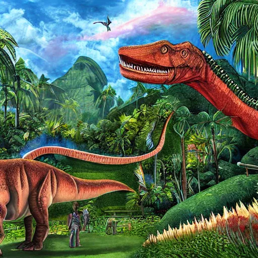 Image similar to a very high detailed painting of jurasic park in the metaverse