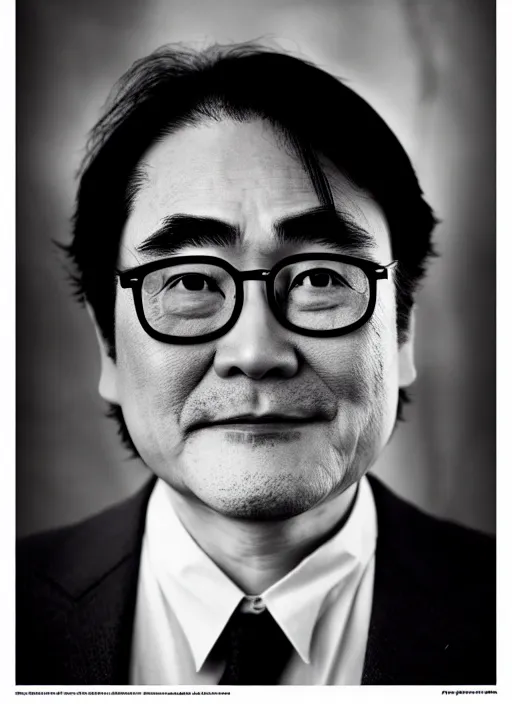 Prompt: nintendo ceo satoru iwata as an old man by jatenipat ketpradit and annie leibovitz and steve mccurry and richard avedon, award winning photo, portrait, black and white, emotional