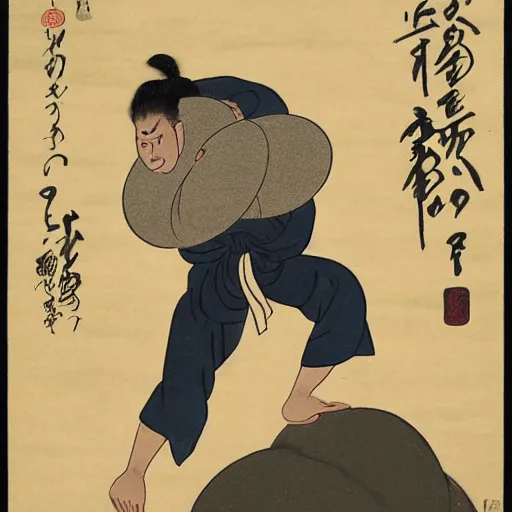 Prompt: a man pushing a big, round boulder in the style of ukiyo - e