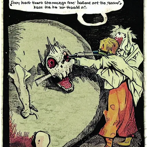 Prompt: one, two! one, two! and through and through the vorpal blade went snicker - snack! he left it dead, and with its head he went galumphing back.