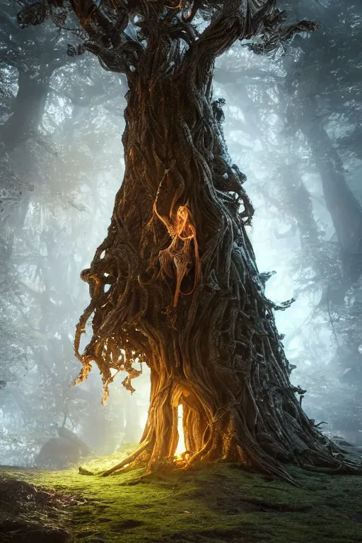 Image similar to Glowing elven runes carved into a magic tree, dramatic lighting, cinematic, establishing shot, extremely high detail, foto realistic, cinematic lighting, post processed, concept art, high details, cinematic, 8k resolution, beautiful detailed, photorealistic, digital painting, artstation, concept art, smooth, sharp focus, artstation trending, octane render, unreal engine