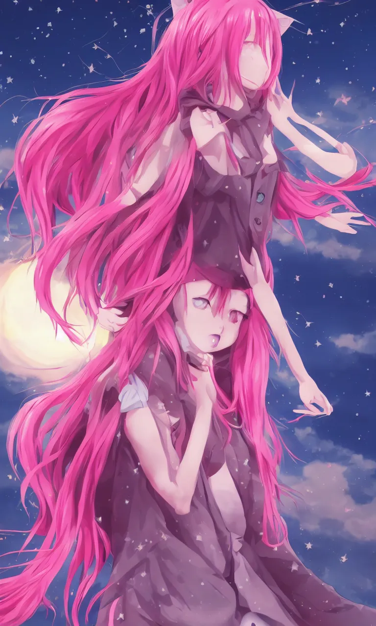 Image similar to A beautiful anime cat girl with pink hair, digital art, cgsociety, trending on artstation, sunset background with shooting stars in the sky