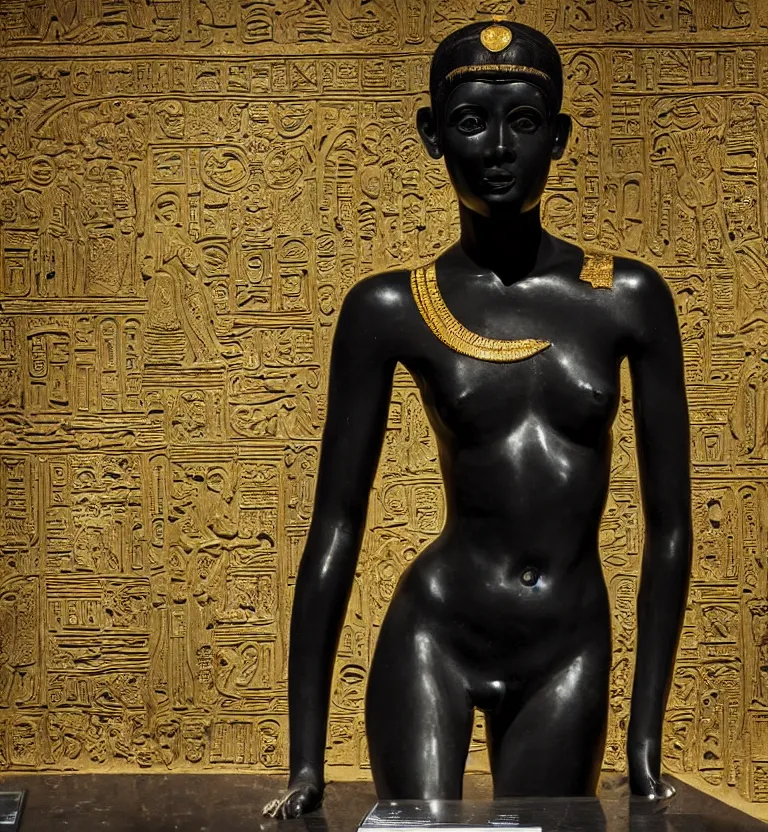 Image similar to a photo at the museum showing a black marble and gold full body sculpture of cleopatra. good quality, good light, anatomically correct, 8 k