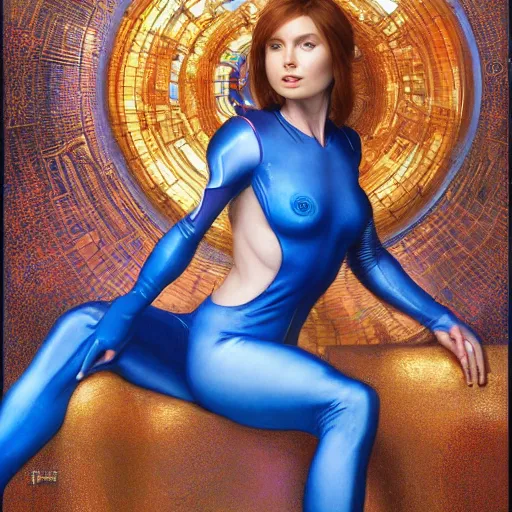 Image similar to Portrait of Samus Aran with blue jumpsuit drawn by Donato Giancola and Tom Bagshaw, face by Artgerm, overall design by Alphonse Mucha, background by James Jean and Gustav Klimt, light by Julie Bell, 4k, porcelain skin, komorebi, french nouveau, trending on artstation, octane render, hyperrealistic