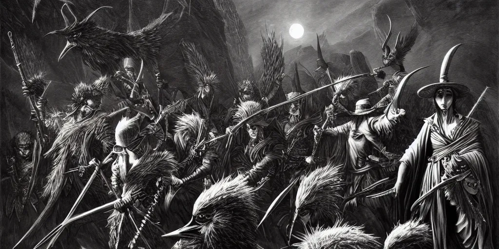 Image similar to a gang of emu banditos, d & d, fantasy, intricate, artstation, sharp focus, digital art, gustave dore, caravaggio,