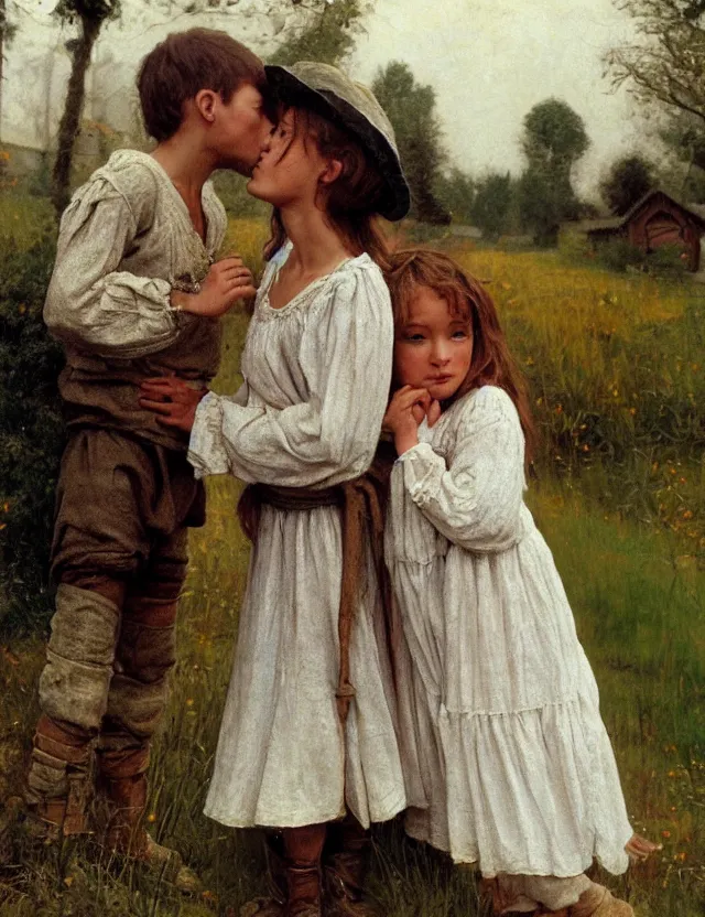 Prompt: peasant boy and girl first kiss, detailed faces, on a village, Cinematic focus, Polaroid photo, vintage, neutral colors, soft light, foggy, by Steve Hanks, by Serov Valentin, by lisa yuskavage, by Andrei Tarkovsky 8k render, detailed, oil on canvas