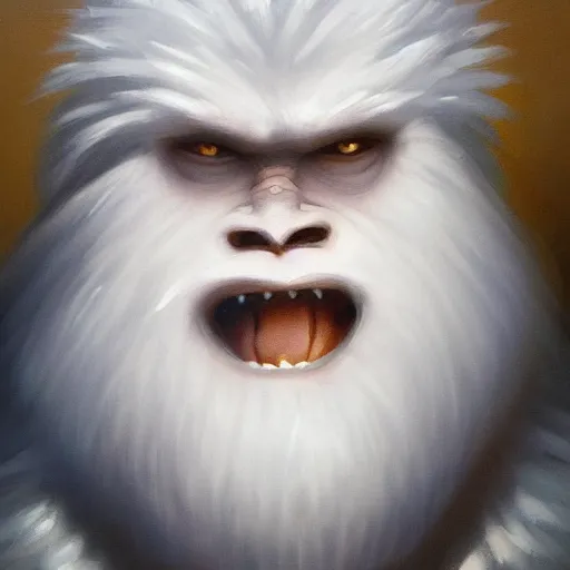 Image similar to oil painting of a yeti, a white snow primate, in style of ivan aivazovsky, expressive face, detailed face, detailed eyes, full body, feminine face, tracer overwatch, disney, pixar