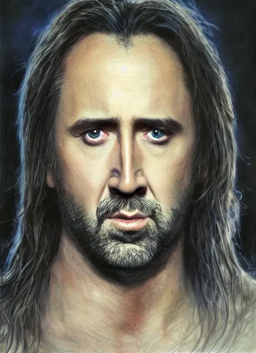 Image similar to portrait of nicolas cage as aragorn, action shot, strider, king elessar, by alan lee, lord of the rings, smooth, detailed terrain, oil painting, matte painting, concept art, trending on artstation, promotional artwork, film still, elegant, photorealistic facial features, intricate, detailed face, cinematic lighting