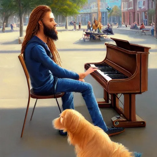 Image similar to oil painting of a young man with long hair blond and a beard hippie style with his golden retrever dog playing piano in the square for money, people watching around, by greg rutkowski, artstation