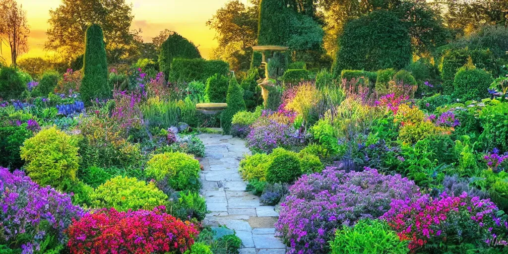 Image similar to the most beautiful garden, award winning photo, very detailed, golden hour