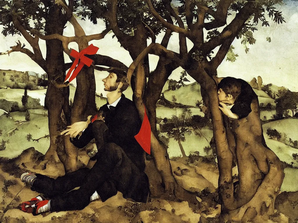 Prompt: Young expressive man sitting on the ground, putting a ribbon around a crooked old tree. Painting by Lorenzo Lotto, Otto Dix