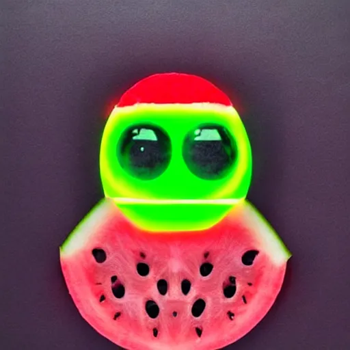 Prompt: watermelon terminator cyborg with glowing eye