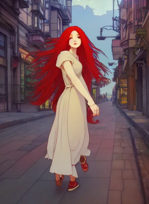 Prompt: pretty young woman with long red hair walking down a city street at night, path traced, highly detailed, high quality, digital painting, by studio ghibli and alphonse mucha, leesha hannigan, makoto shinkai, disney