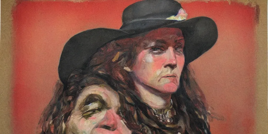 Image similar to portrait of an wild west outlaw woman, colorful