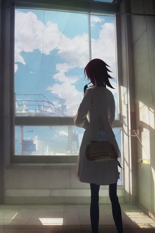 Image similar to Kurisu Makise by Akihiko Yoshida, Makoto Shinkai, with backdrop of Natural Light