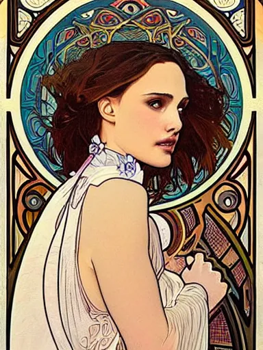 Image similar to a beautiful painting of natalie portman by Alphonse Mucha and by joe quesada, Art Nouveau, Neo-Gothic, gothic, award winning painting, hyperdetailed, detailed