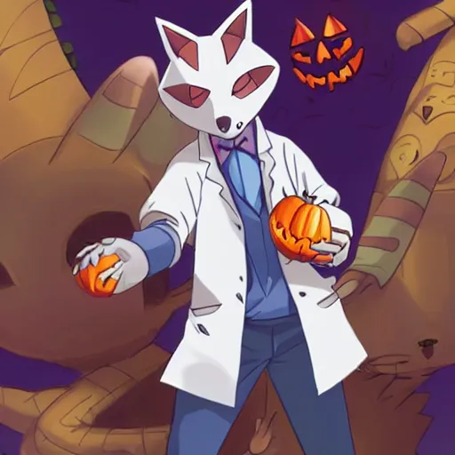 Image similar to Spooky fox in a Halloween lab coat as a Pokémon TCG scientist in the same vein as Game Boy Pokémon TCG card professor Dr. Mason, official 2000 character artwork, key anime visual