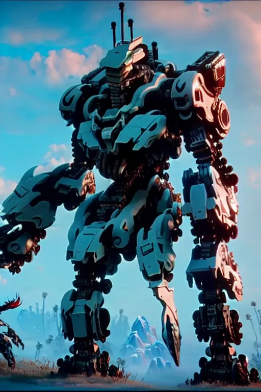 Image similar to a cinematic still from horizon zero dawn and pacific rim and westworld, full body mech, armored core, intact humanoid servo, octane render, nvidia raytracing demo, masterpiece, aged armor plating, decipticon armor plating, aggressive head, endoekeleton exposure