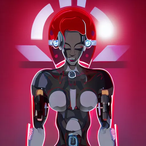 Image similar to a muscular female cyborg ( 8 0 % machine, 2 0 % human ) with glowing red eyes and an evil smile, repairing herself, science fiction themed, pixiv, vector art