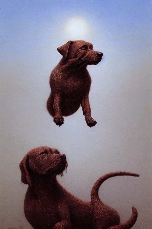 Prompt: painting of a very cute dog, dog is made of baked beans, baked bean skin texture, by zdzislaw beksinski, by dariusz zawadzki, by wayne barlowe, gothic, surrealism, cosmic horror, lovecraftian, cold hue's, warm tone gradient background, concept art, beautiful composition