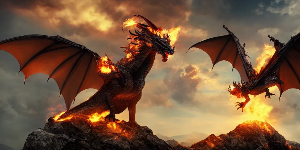 Image similar to One dragon with half open wings breathing fire on the top of a mountain, epic composition, detailed and intricate image, cinematic, 4K