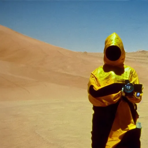 Prompt: a man wearing a hazmat suit, in the desert, arriflex 3 5, film still