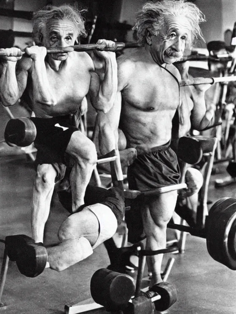 Image similar to Albert Einstein working out at the gym,