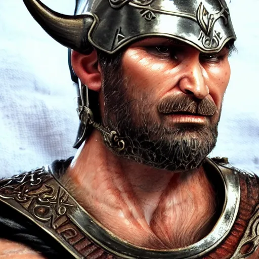 Image similar to of a viking from valhalla, wearing the horned helmet ultra fine detail, hair strands, ultra high resolution, fine texture detail, miniature painting techniques, perfect proportions, marvel cinematic universe, eric bana