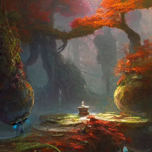 Prompt: overgrown sunken giant copper statue in the autumn forest, fantasy concept art by tyler edlin, antoine blanchard, thomas cole