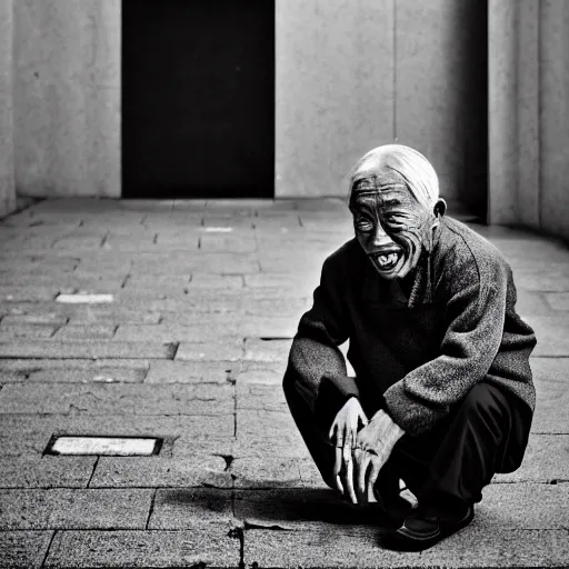 Image similar to a character portrait photo of a smiling old japanese man, hopeful, flickr contest winner, neo-expressionism, art photography, busy background, hyperrealism, chiaroscuro, anamorphic lens flare, elegant, shallow depth of field, haze, volumetric lighting, photo taken with provia, 24mm, f1.8, by Filip Hodas, by Andrew Domachowski